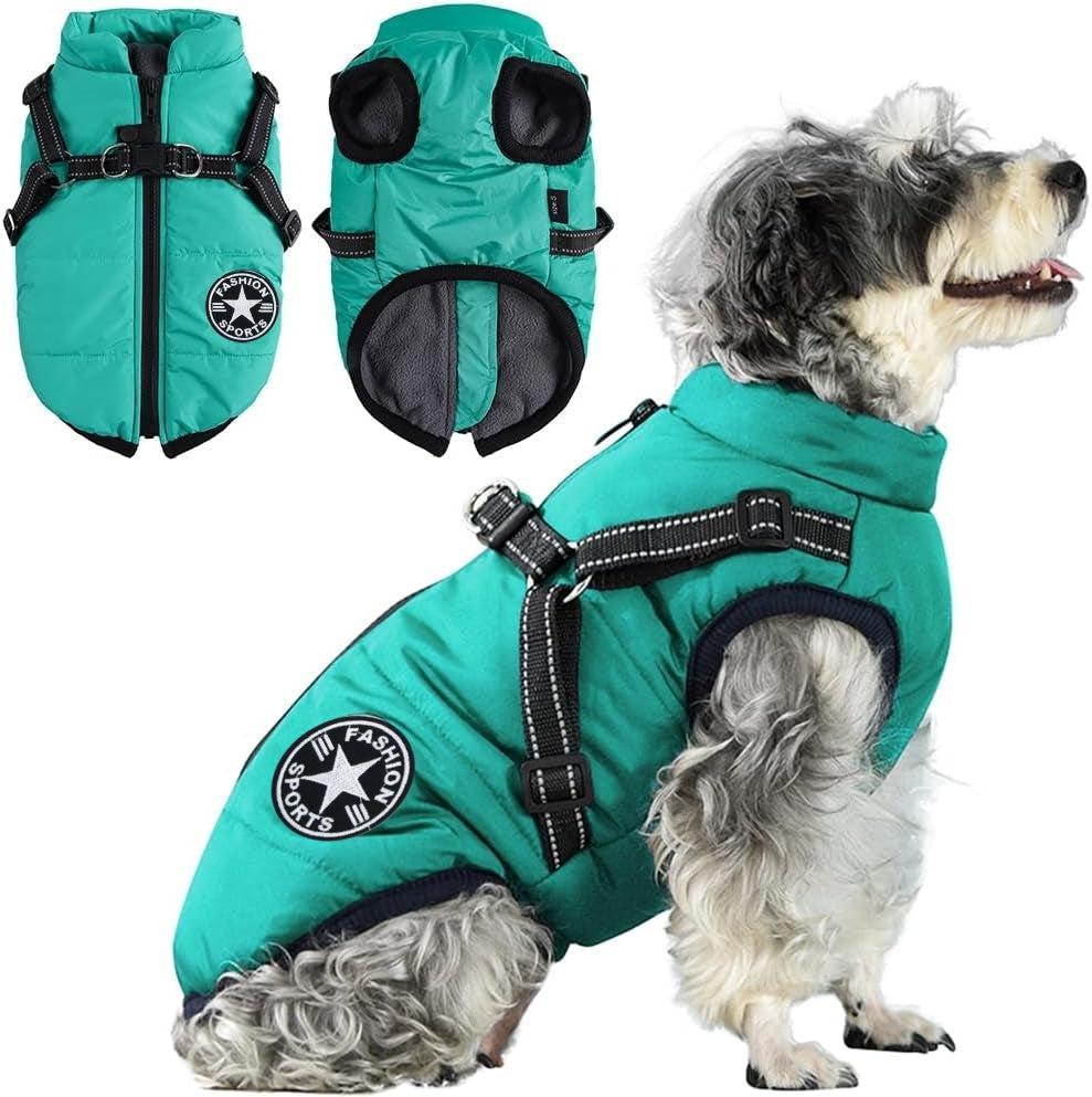 Waterproof winter dog jacket with integrated harness