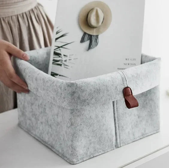 Felt Storage Box with Leather Handle and Foldable Lid