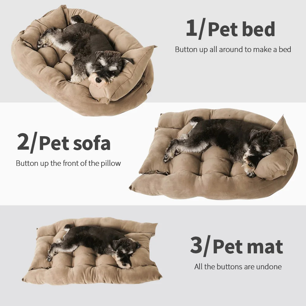 3-in-1 Haustierbett transformation guide showing bed, sofa and mat configurations