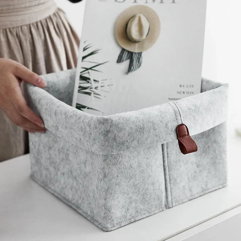 Felt Storage Box with Leather Handle and Foldable Lid