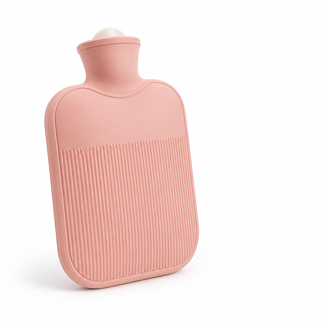 2-liter hot water bottle with a soft fleece cover and leak protection