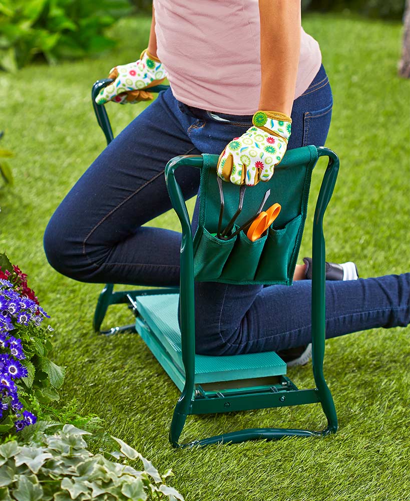 Foldable garden kneeler seat with padding and side pockets