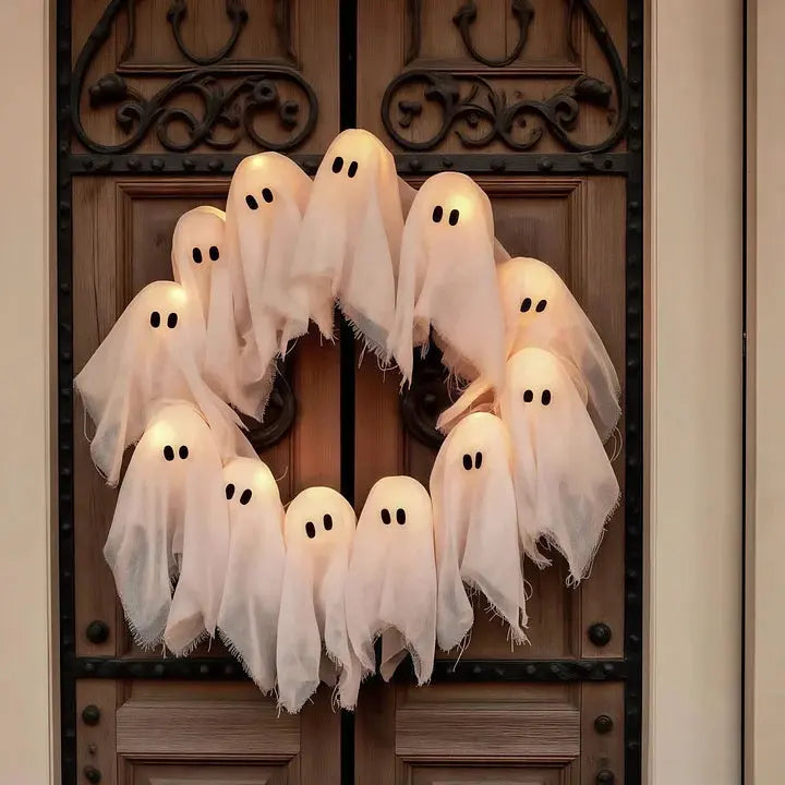 Halloween wreath with LED lighting – 12 glowing ghosts, 31 cm