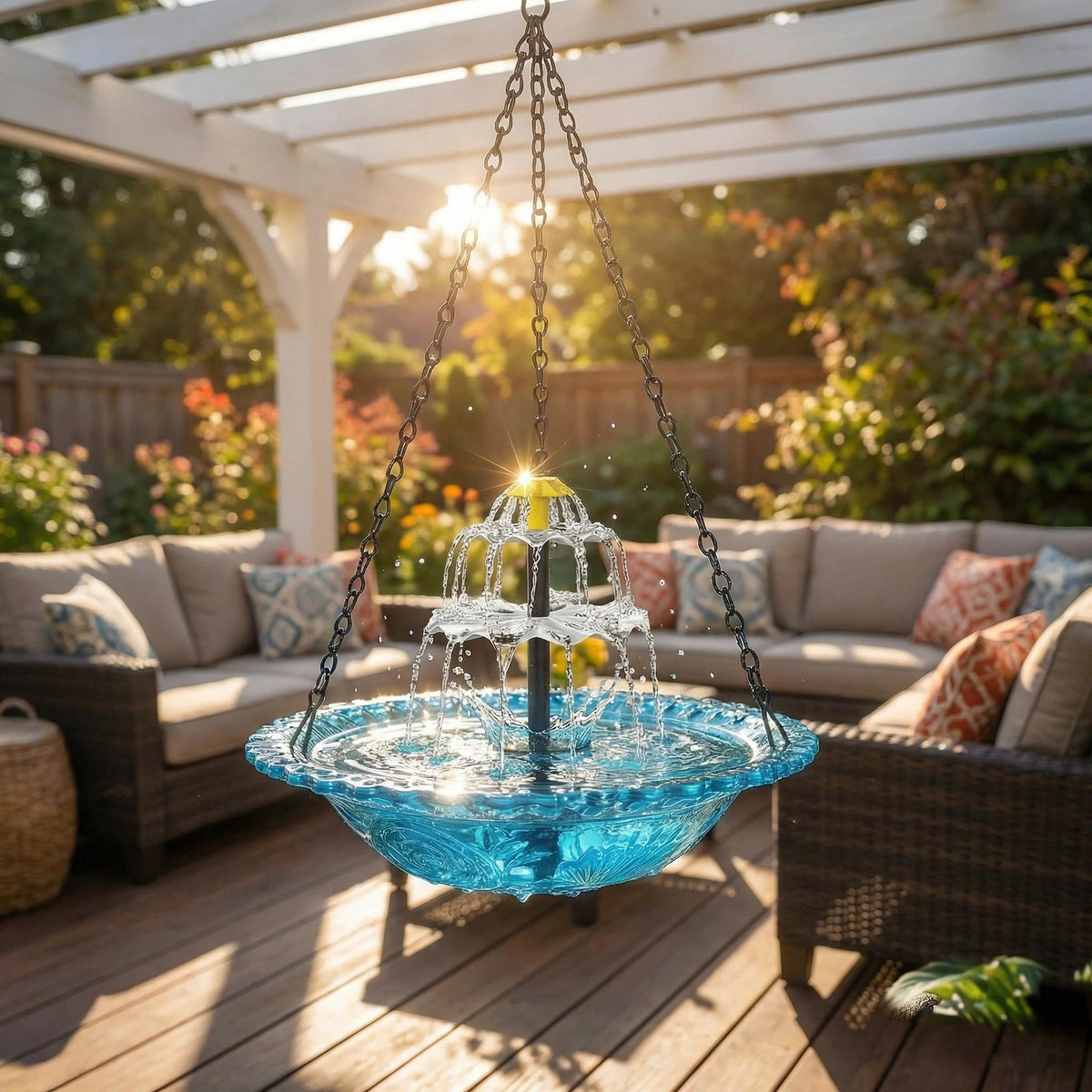 Hanging solar fountain with birdbath - two-tiered