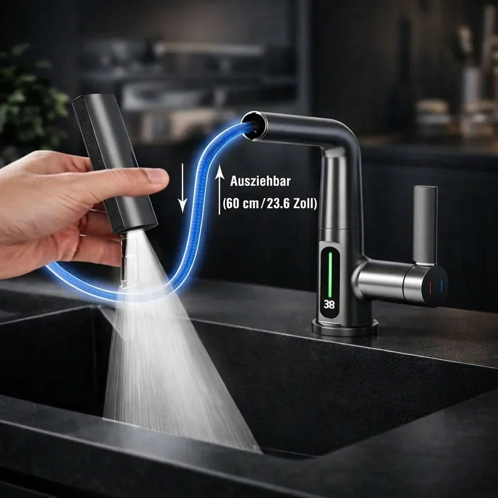 Wasserhahnaufsatz mit LED-Temperaturanzeige und 5 Strahlarten