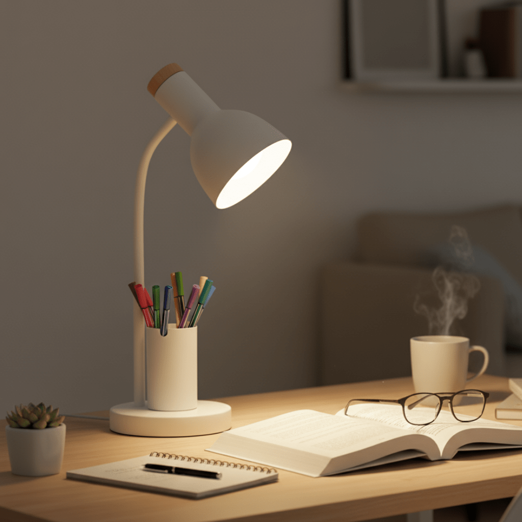 LED desk lamp with pen holder for the office and home office