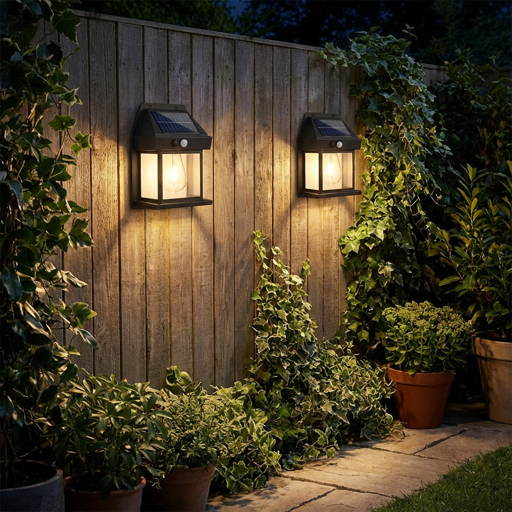 Solar LED wall light with motion sensor for garden and fence