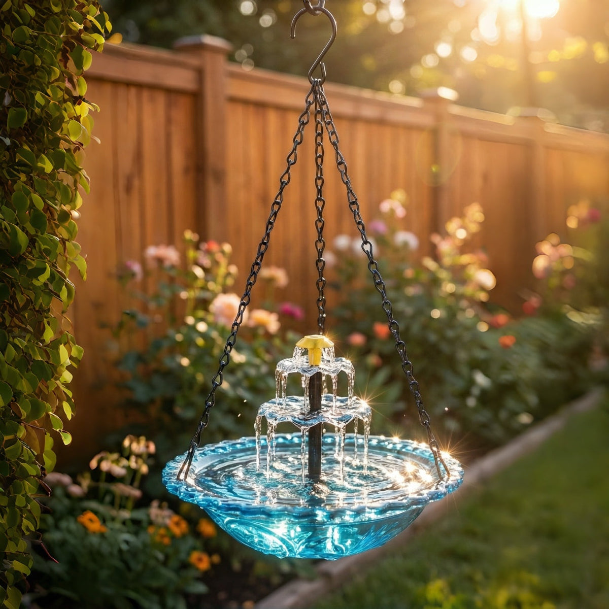 Hanging solar fountain with birdbath - two-tiered
