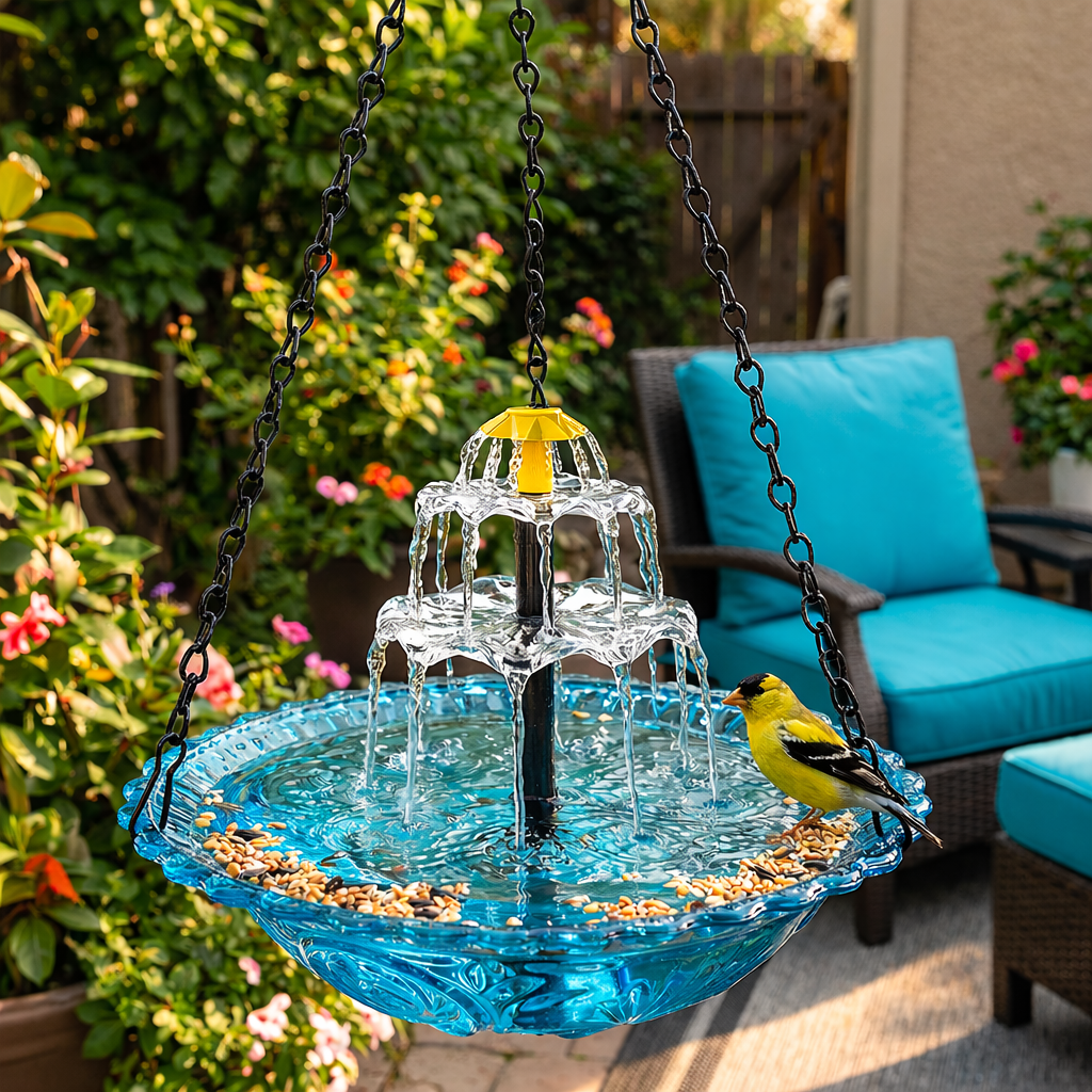 Hanging solar fountain with birdbath - two-tiered