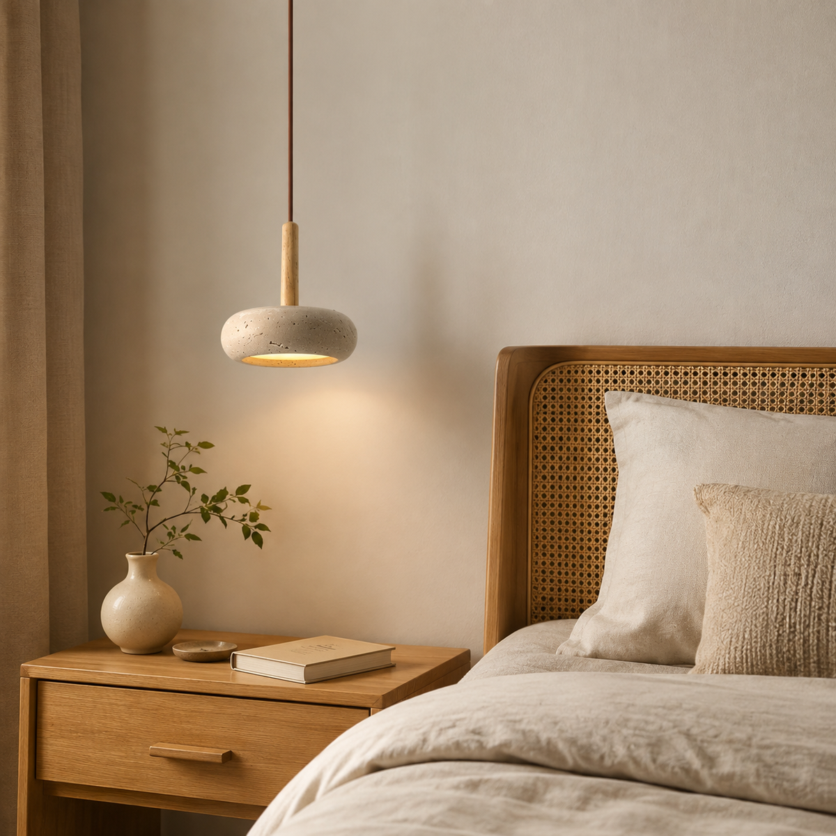 LED Hängeleuchte Japanischer Stil Naturstein Holz Warmweiß Ø15cm