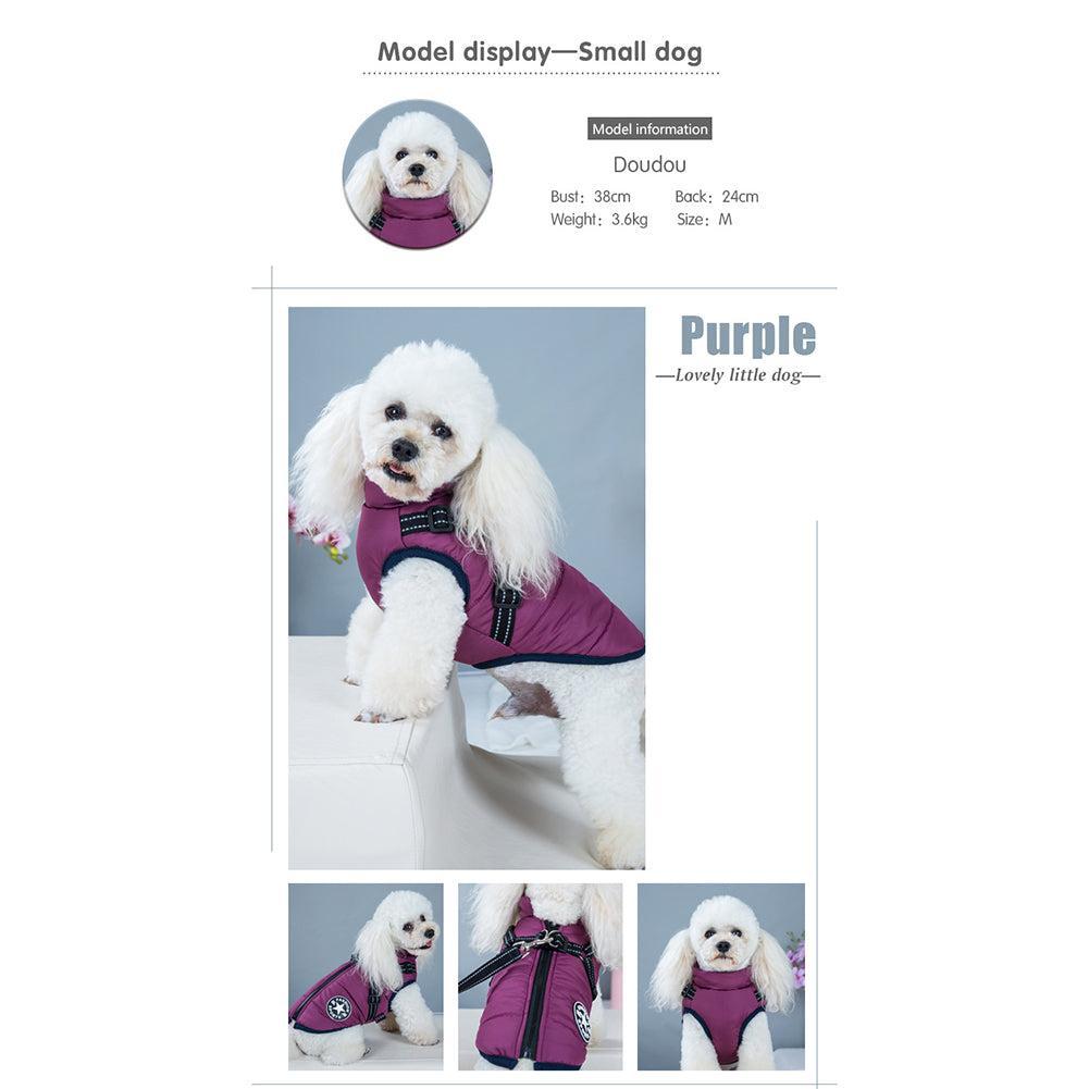 Waterproof winter dog jacket with integrated harness