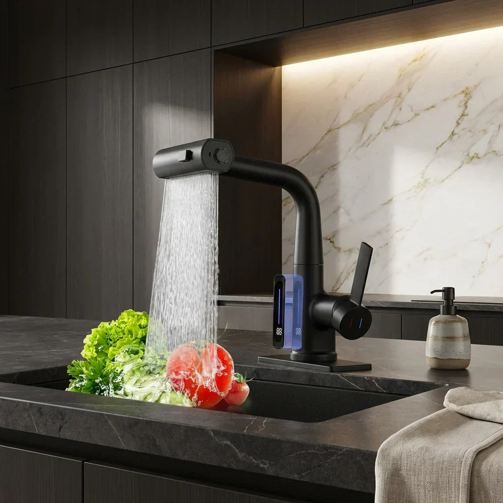 Wasserhahnaufsatz mit LED-Temperaturanzeige und 5 Strahlarten
