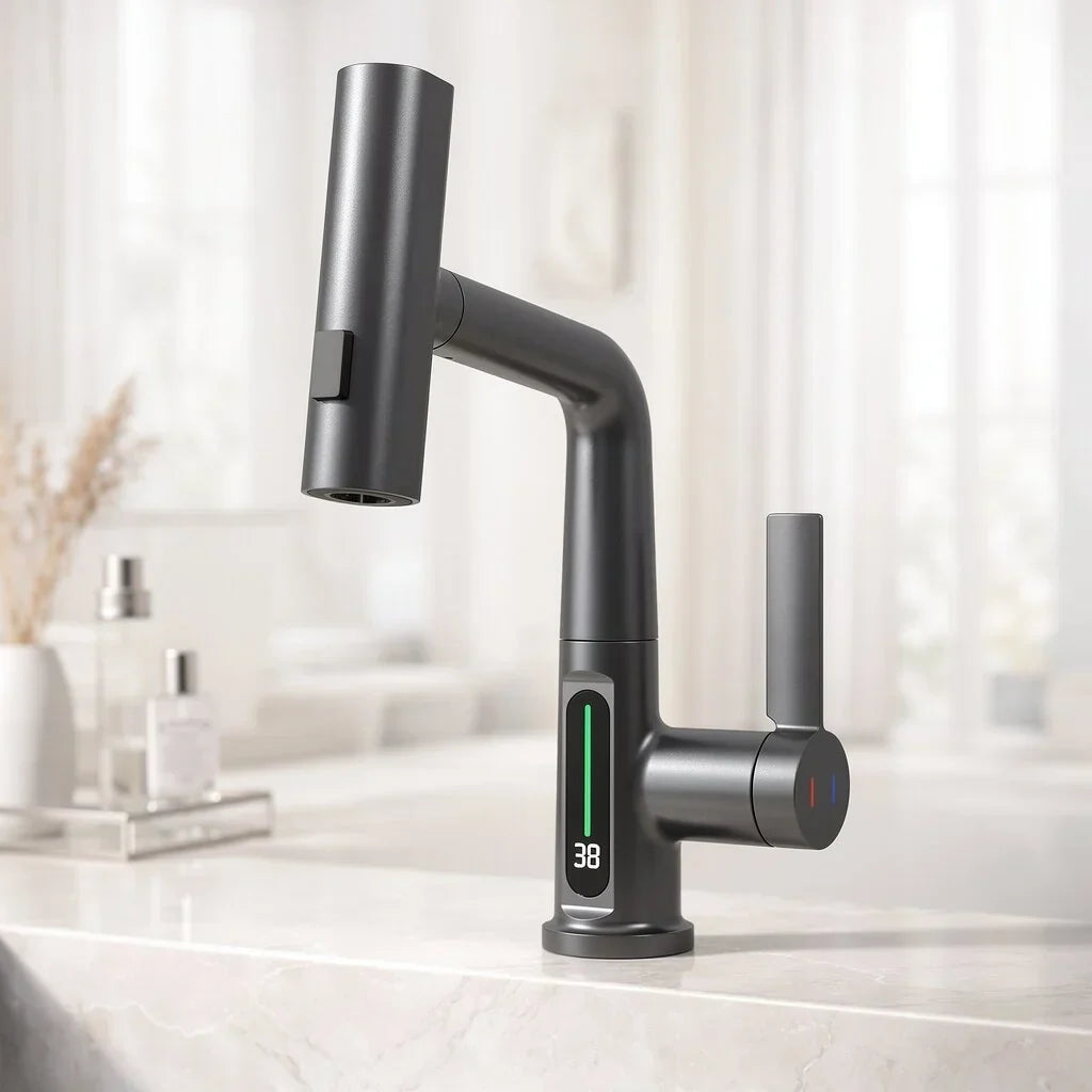 Wasserhahnaufsatz mit LED-Temperaturanzeige und 5 Strahlarten