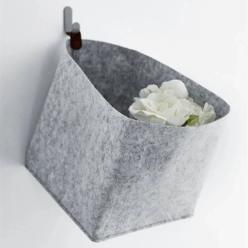 Felt Storage Box with Leather Handle and Foldable Lid
