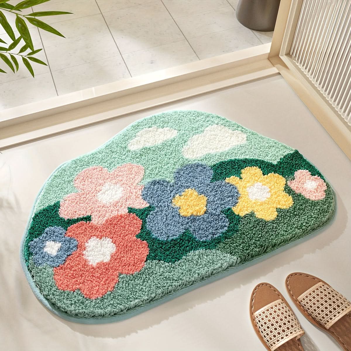 Absorbent bath mat with floral pattern - non-slip & soft