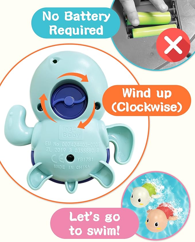 Wind-up mechanism demonstration of Aufzieh-Schwimmschildkröten Badespielzeug turtle showing no batteries needed