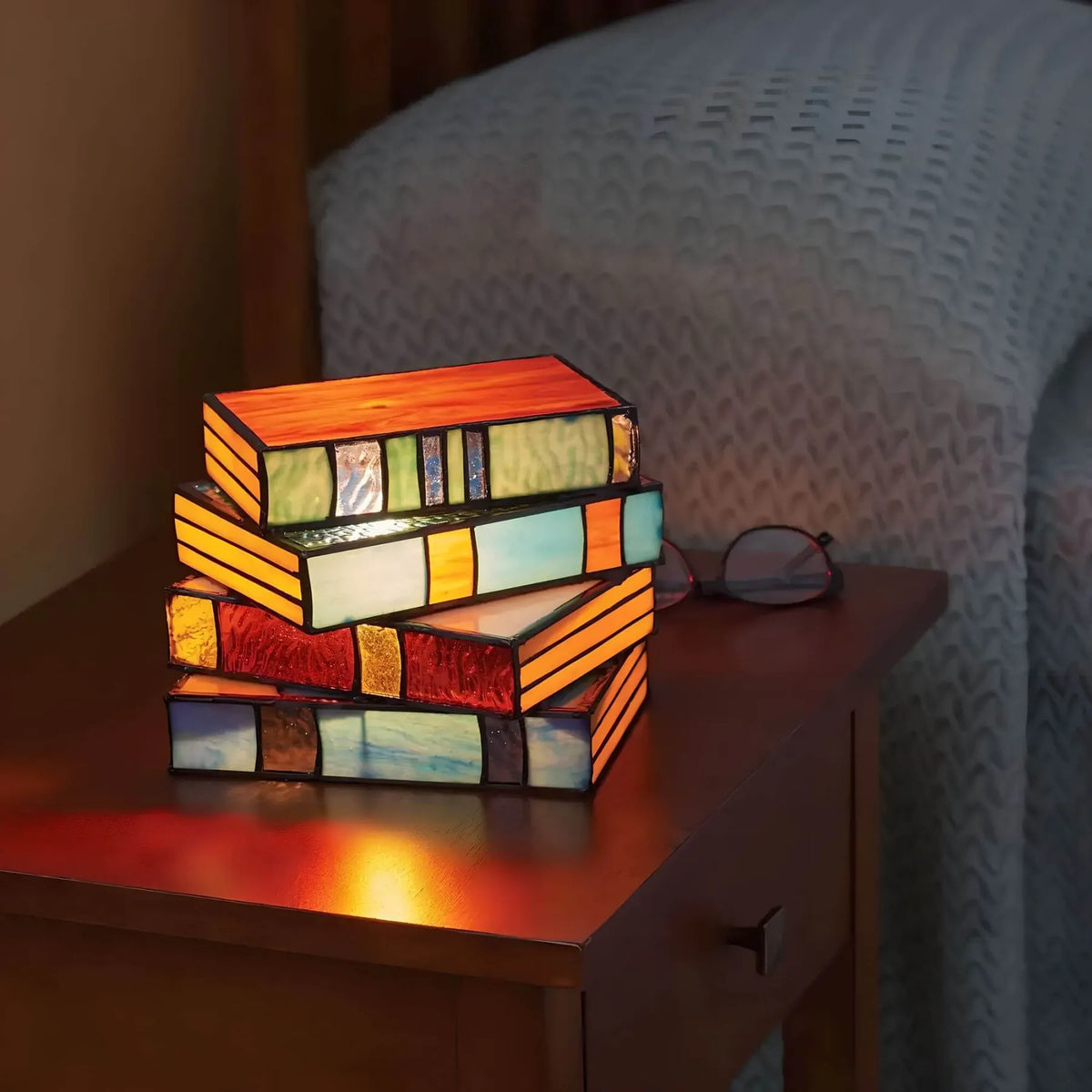 Tischlampe Bücher-Design Glas – Warme Stimmungsbeleuchtung