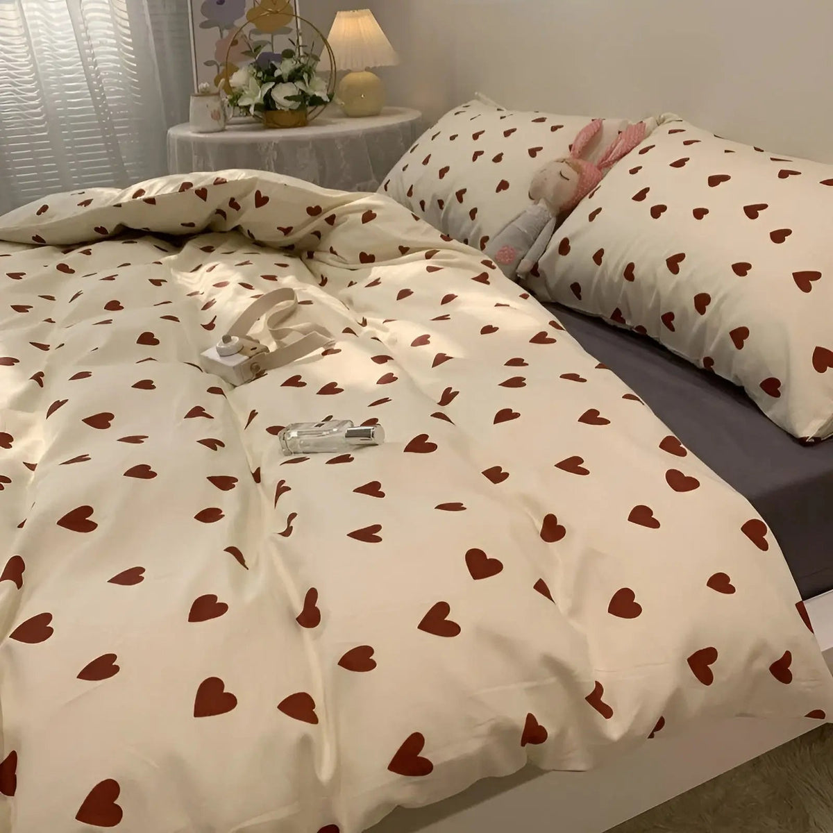Heart-pattern bedding set – 100% cotton for romantic bedrooms
