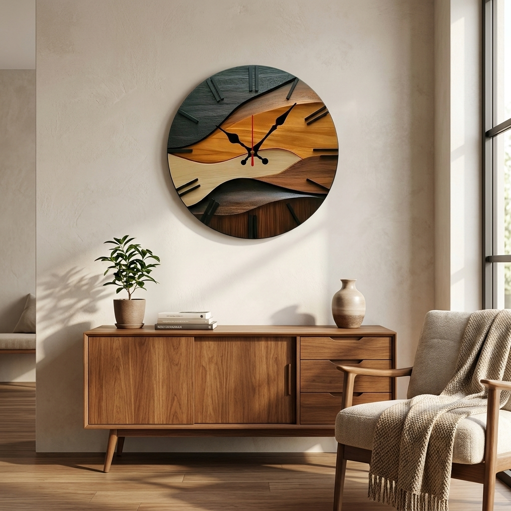 Round wall clock with a silent movement and Scandinavian design