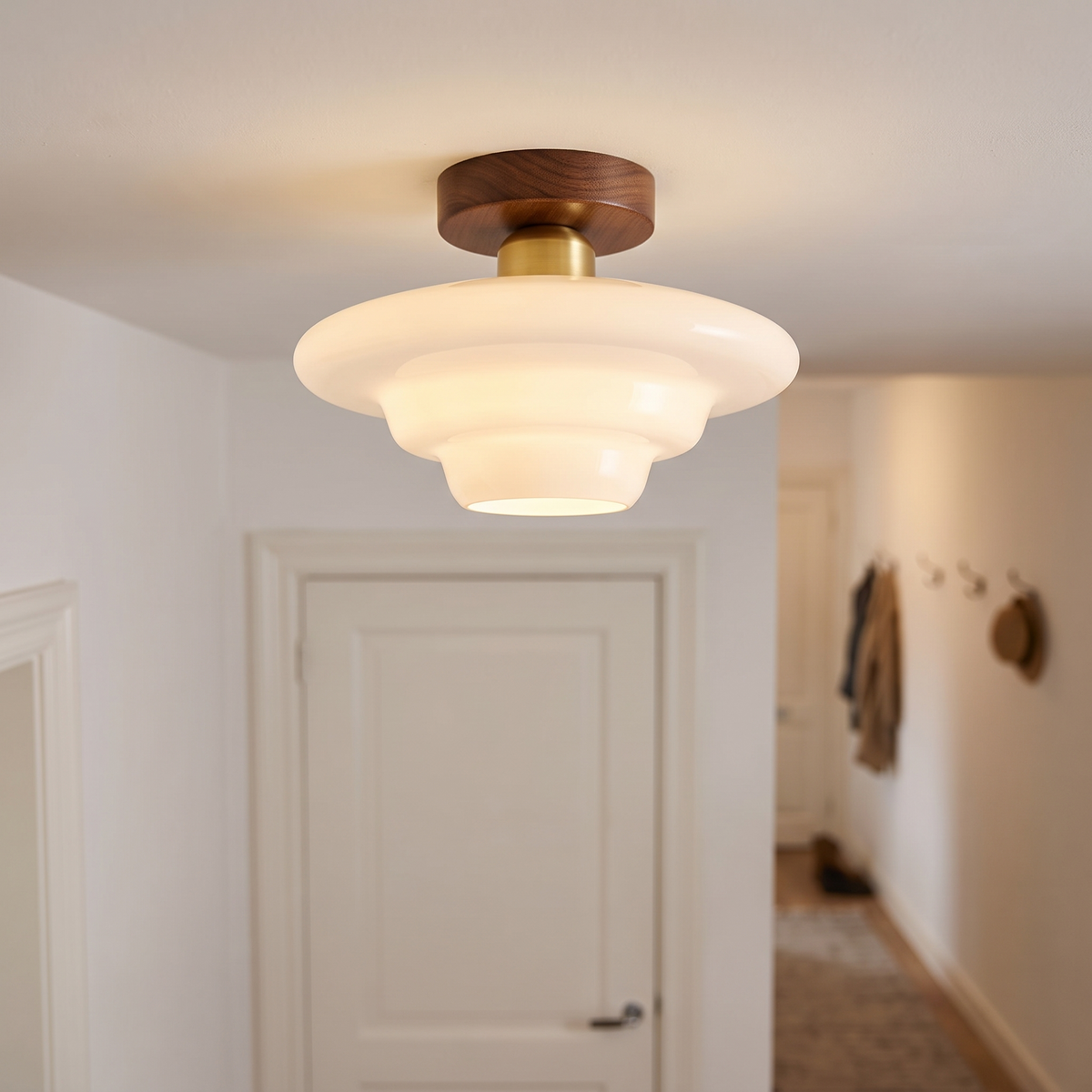Hallway ceiling light made of walnut wood with glass - flat and stylish