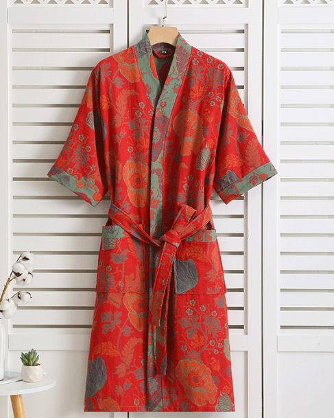Damen Kimono Bademantel – Botanisches Muster aus Bio-Baumwolle
