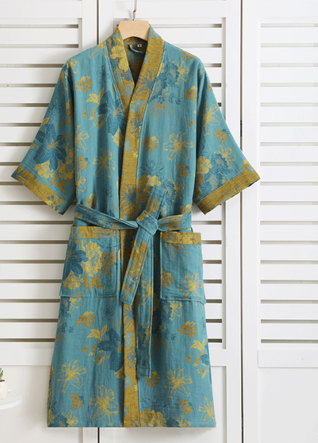 Damen Kimono Bademantel – Botanisches Muster aus Bio-Baumwolle