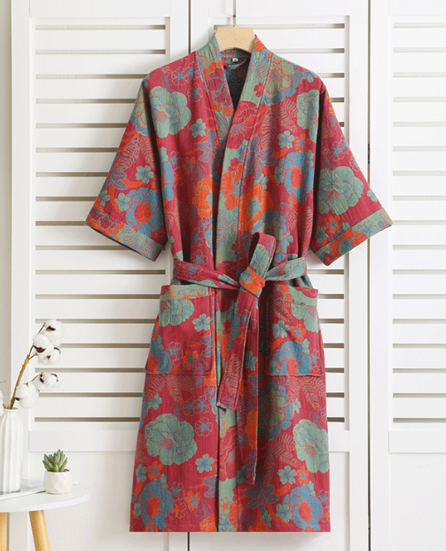Damen Kimono Bademantel – Botanisches Muster aus Bio-Baumwolle