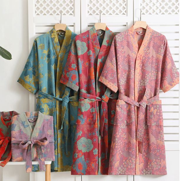 Damen Kimono Bademantel – Botanisches Muster aus Bio-Baumwolle