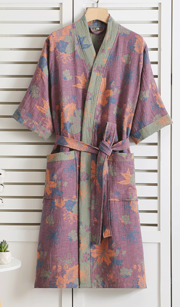 Women's kimono bathrobe – botanical pattern in organic cotton