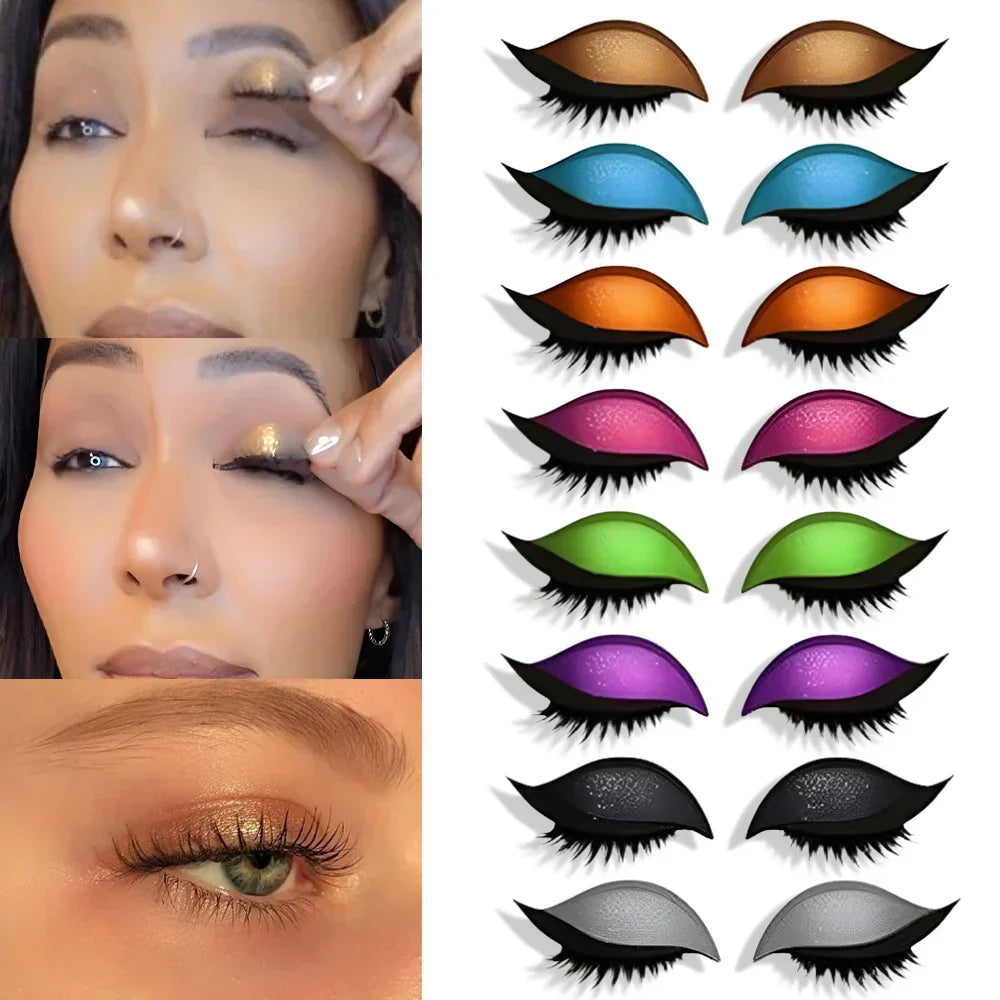 Woman applying colorful reusable waterproof Augen make-up stickers in multiple shades