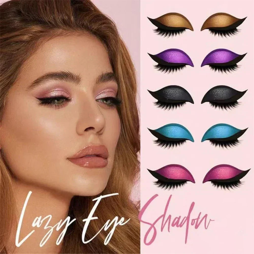Woman wearing pink eyeshadow with colorful Augen make-up sticker wiederverwendbar collection displayed