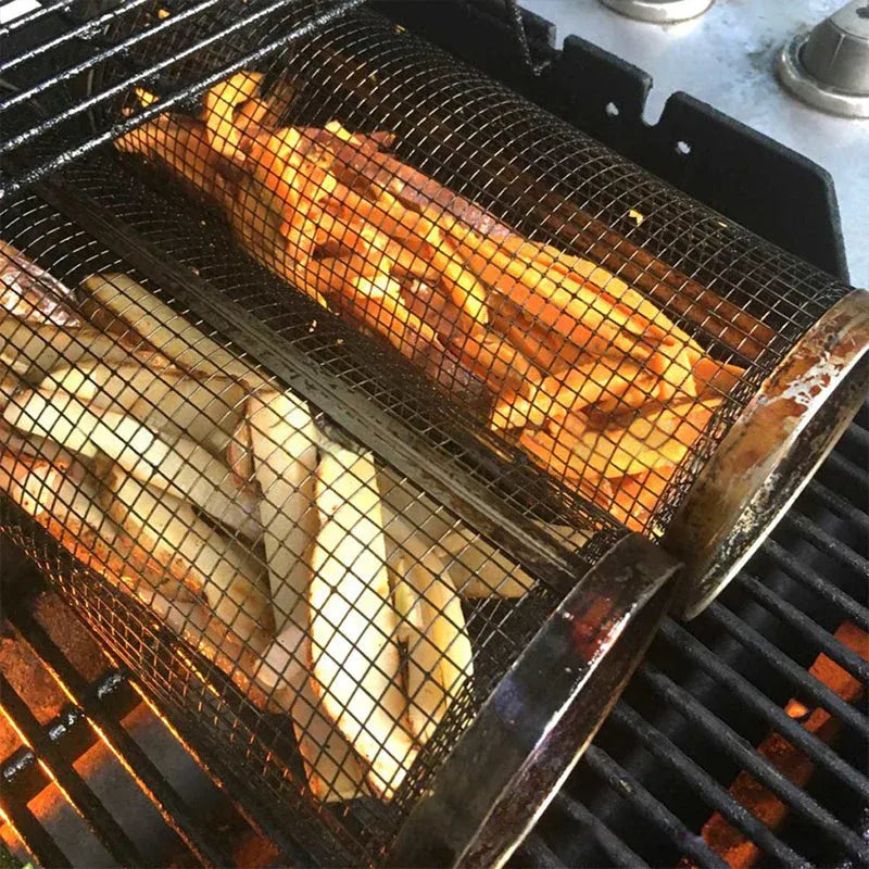 Stainless steel tubular grill basket - grill vegetables and meat evenly