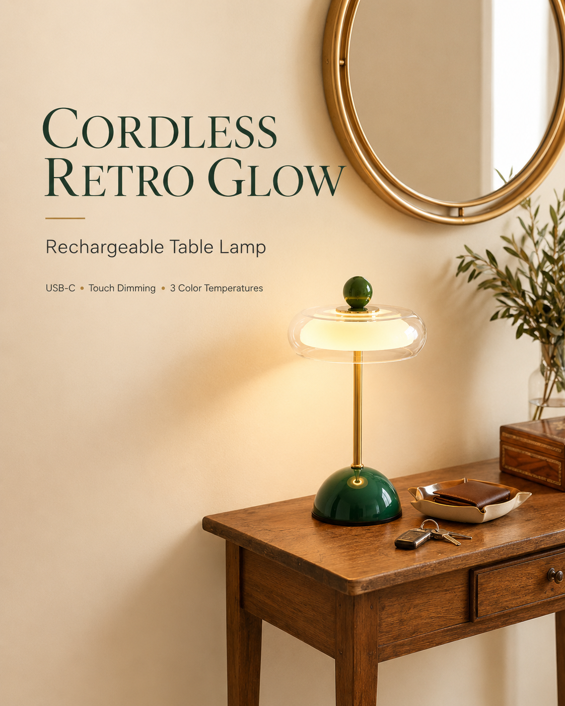 Rechargeable glass table lamp with dimmer – retro design, USB-C