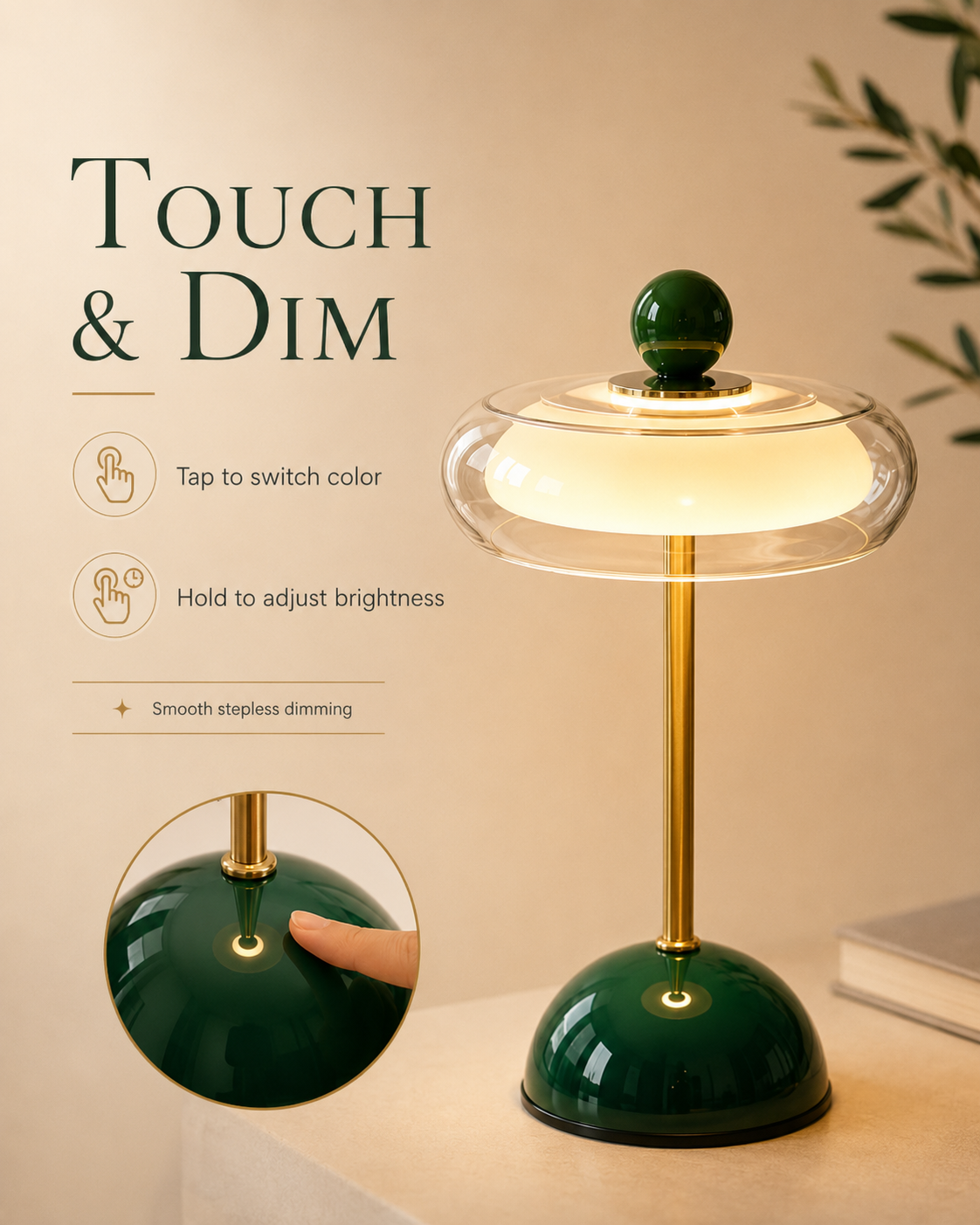 Rechargeable glass table lamp with dimmer – retro design, USB-C