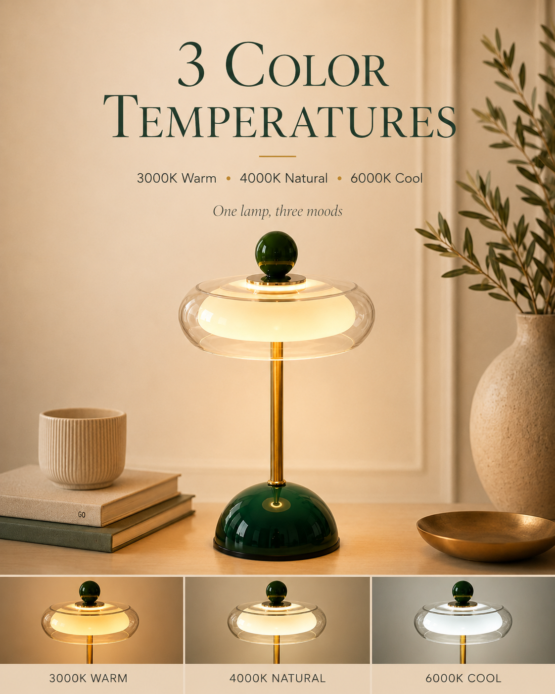 Rechargeable glass table lamp with dimmer – retro design, USB-C
