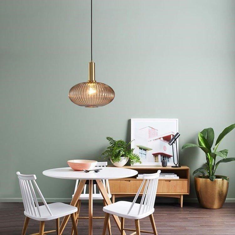 Vintage ribbed glass pendant light - pendant lamp with gold E27 fitting