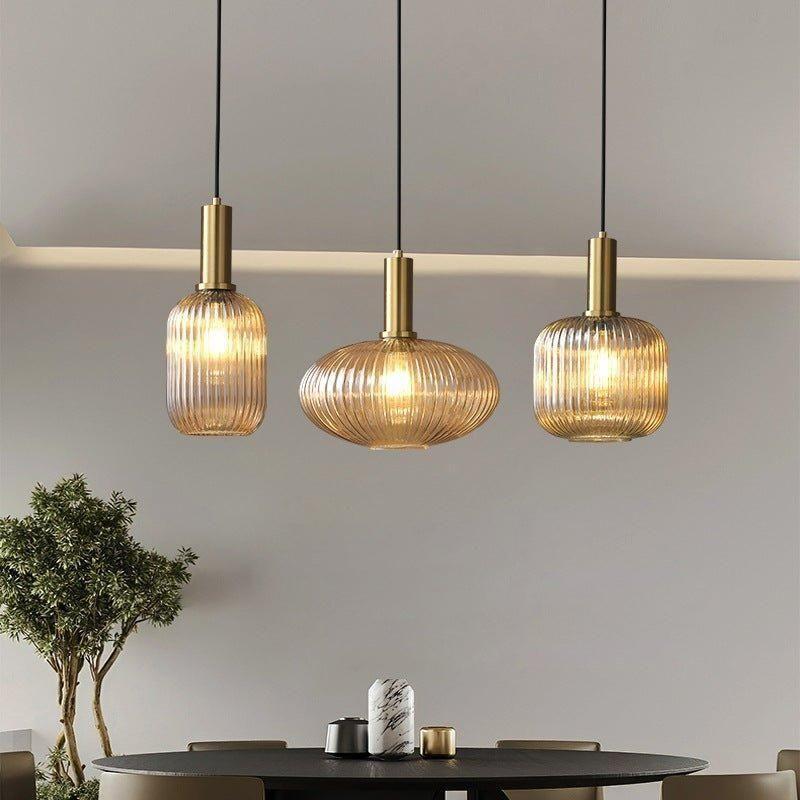 Vintage ribbed glass pendant light - pendant lamp with gold E27 fitting