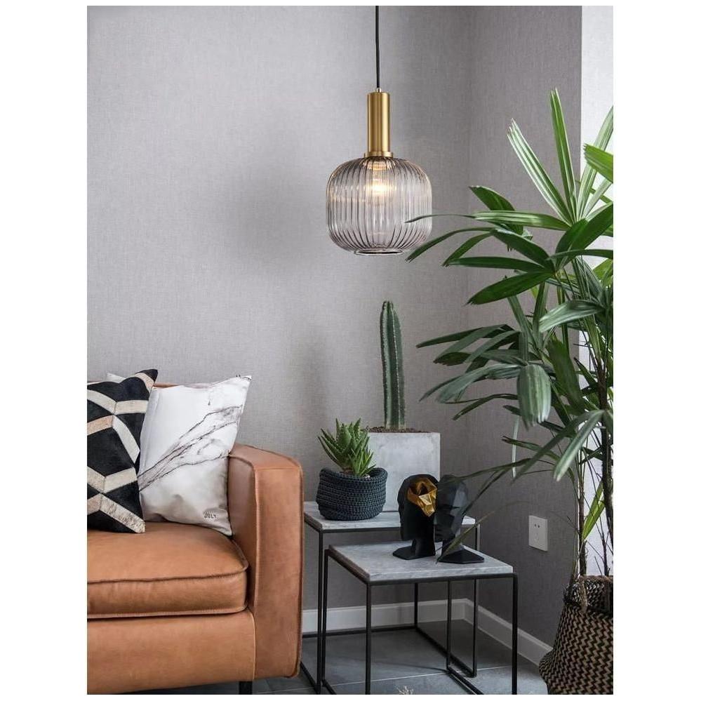 Vintage ribbed glass pendant light - pendant lamp with gold E27 fitting