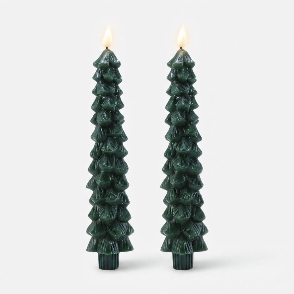 Pine-tree-shaped candle with flame effect and remote control
