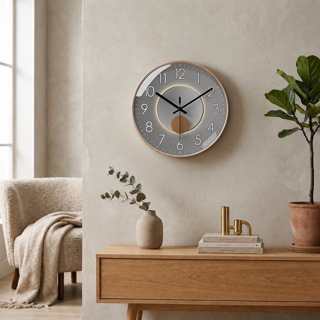 Round wall clock with dark dial and 3D detail