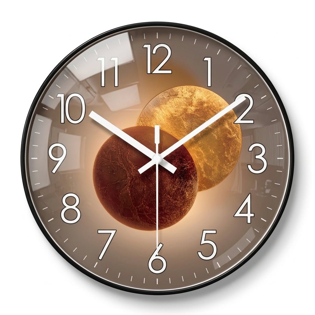 Runde Wanduhr mit dunklem Zifferblatt und 3D-Detail