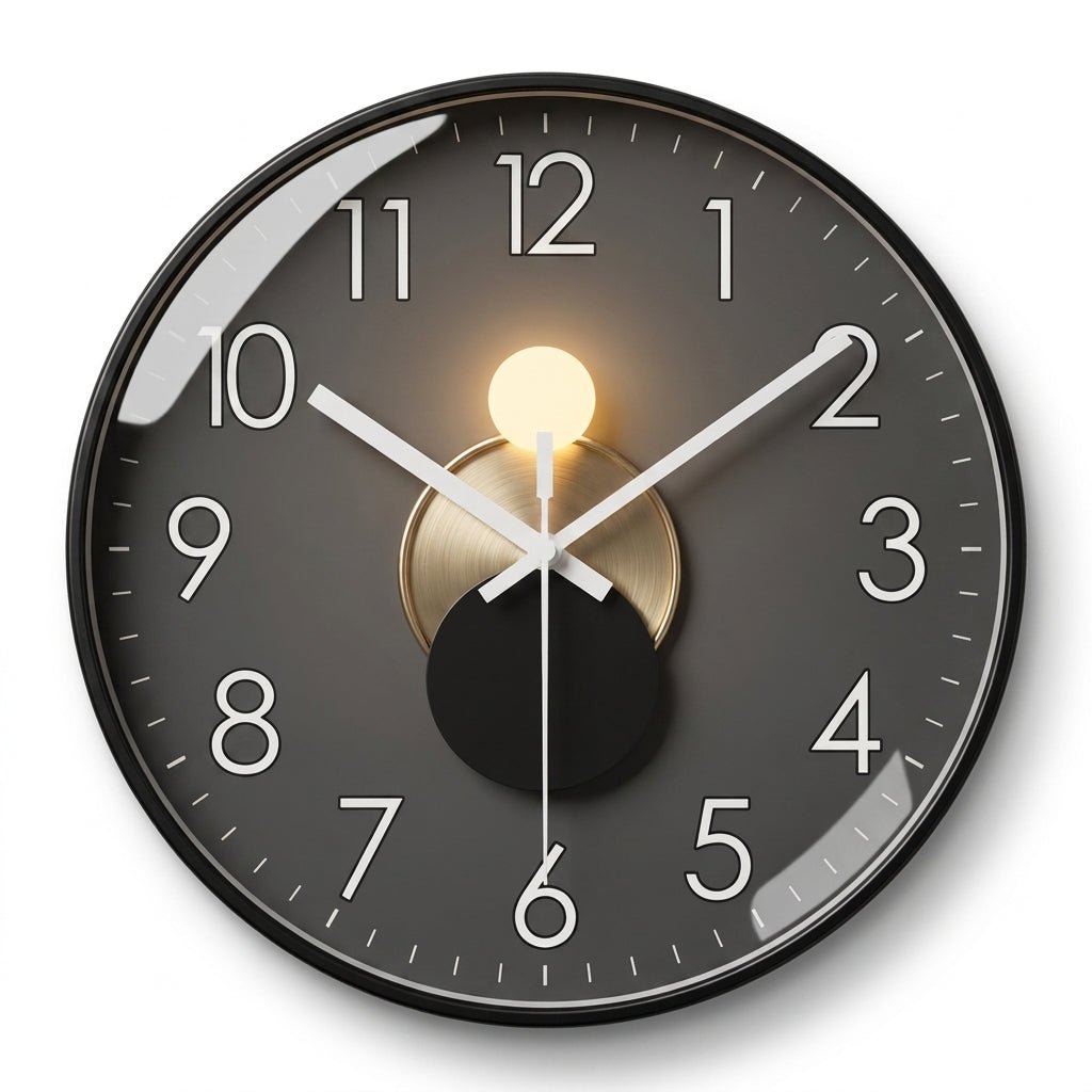 Round wall clock with dark dial and 3D detail