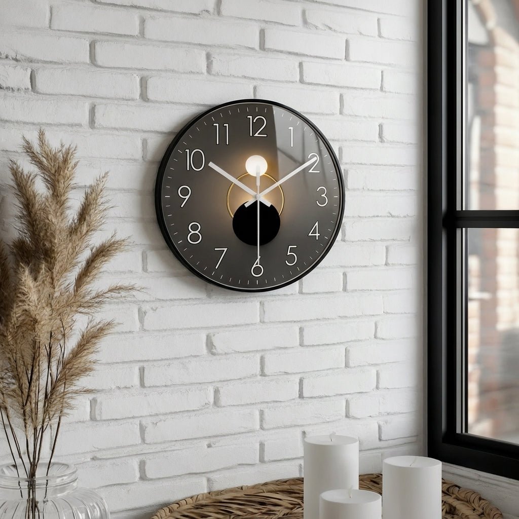 Round wall clock with dark dial and 3D detail