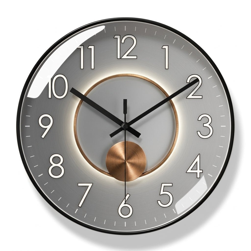 Runde Wanduhr mit dunklem Zifferblatt und 3D-Detail