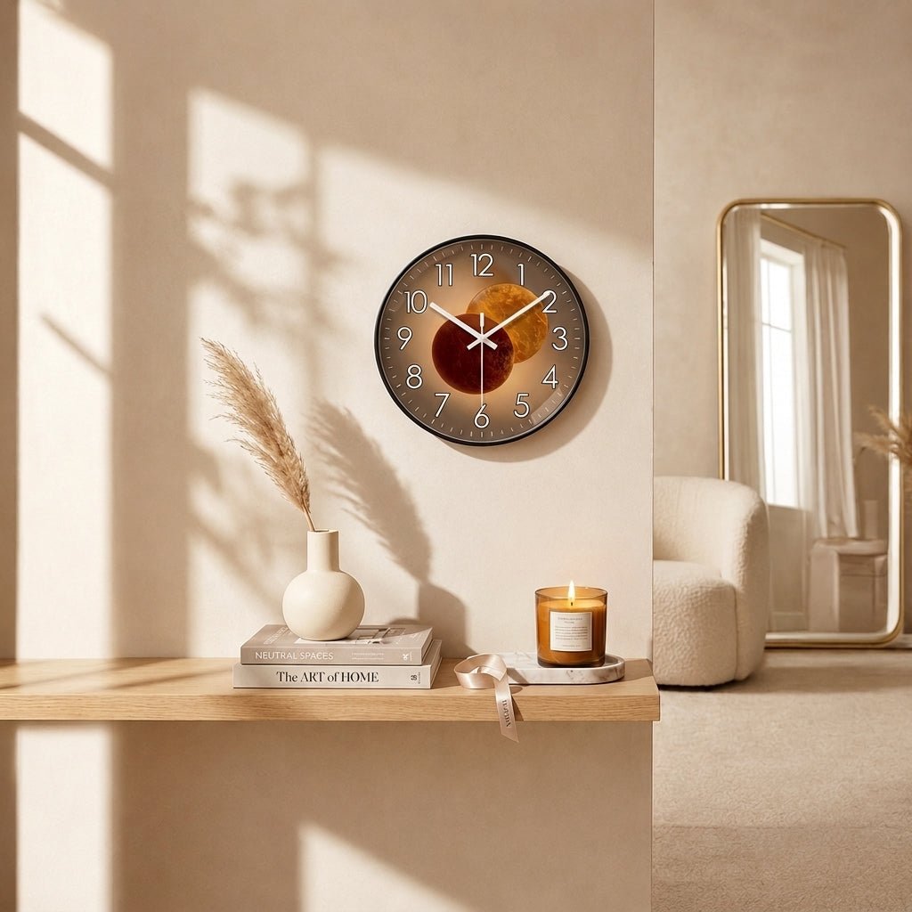 Round wall clock with dark dial and 3D detail