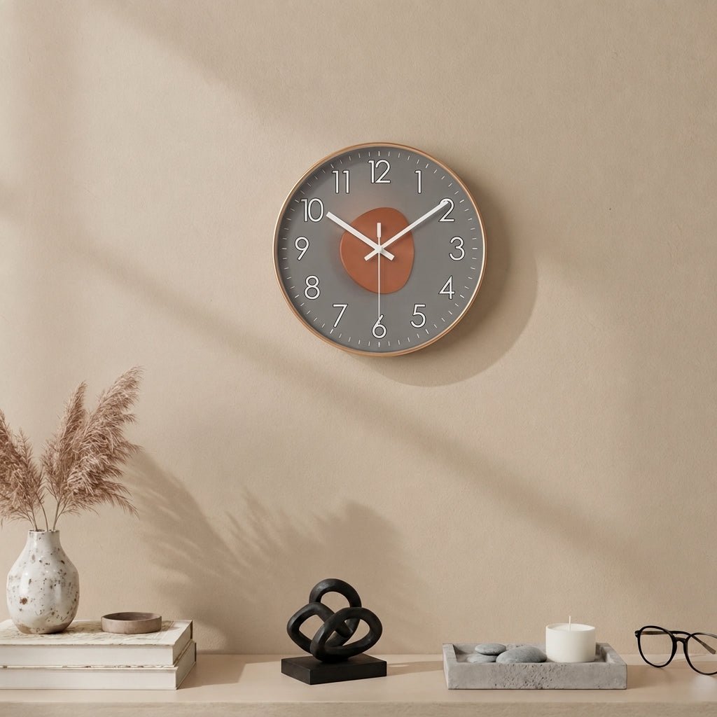 Round wall clock with dark dial and 3D detail
