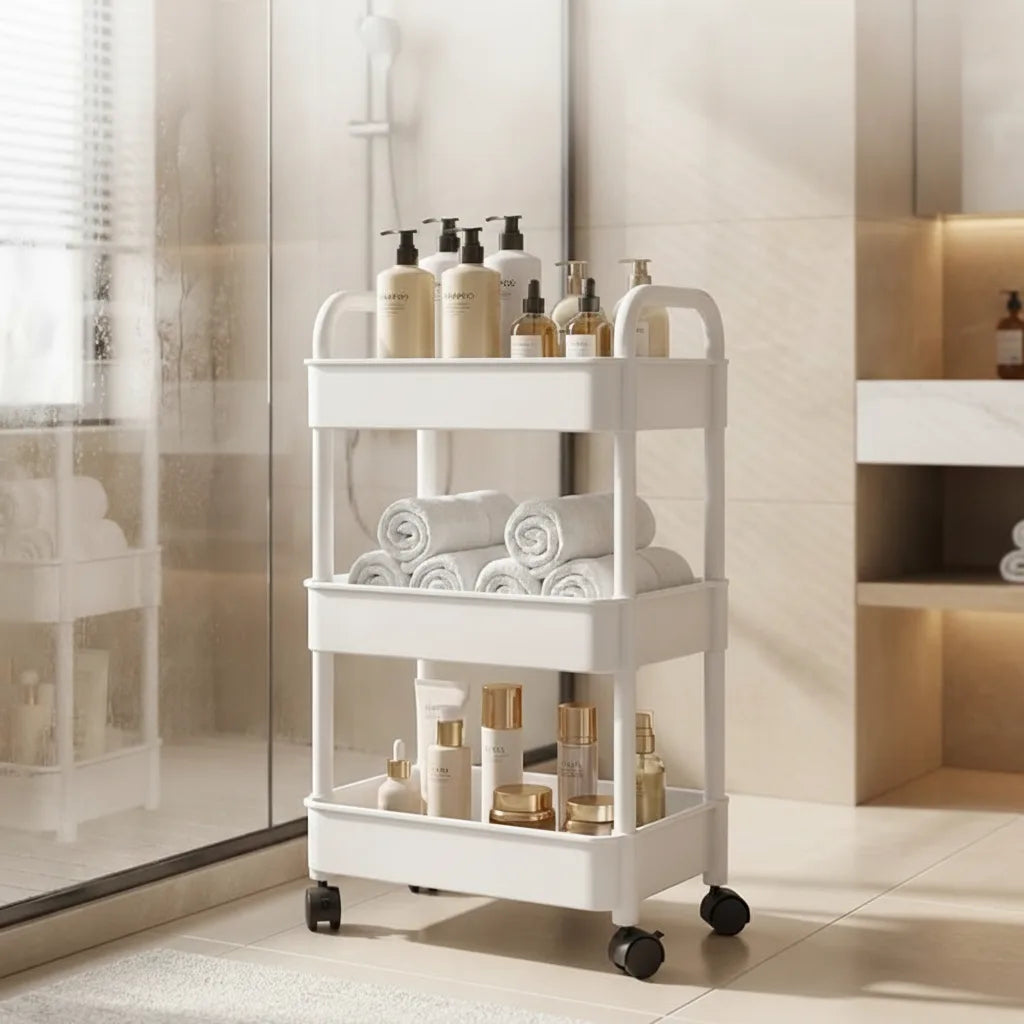 Mobile organiser trolley with 360° castors and multiple tiers