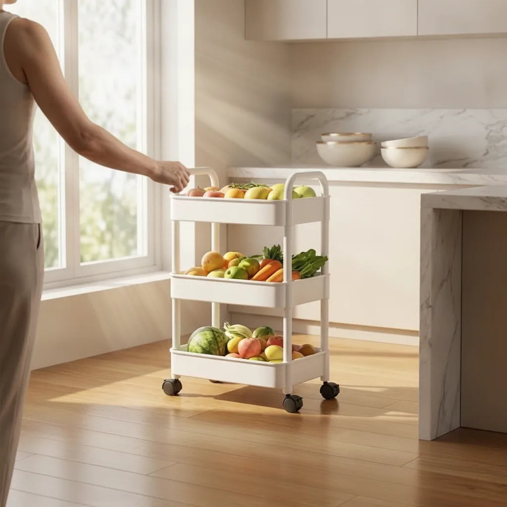 Mobile organiser trolley with 360° castors and multiple tiers