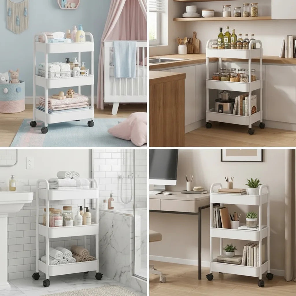 Mobile organiser trolley with 360° castors and multiple tiers