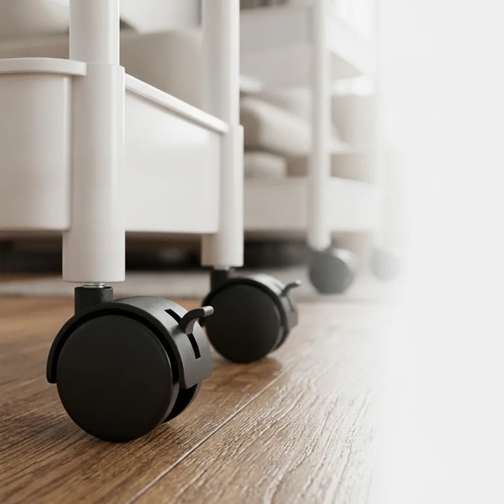 Mobile organiser trolley with 360° castors and multiple tiers